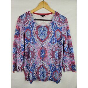 Talbots Women's Cardigan Sweater Size Large Blue Paisley 3/4 Sleeve Knit Top
